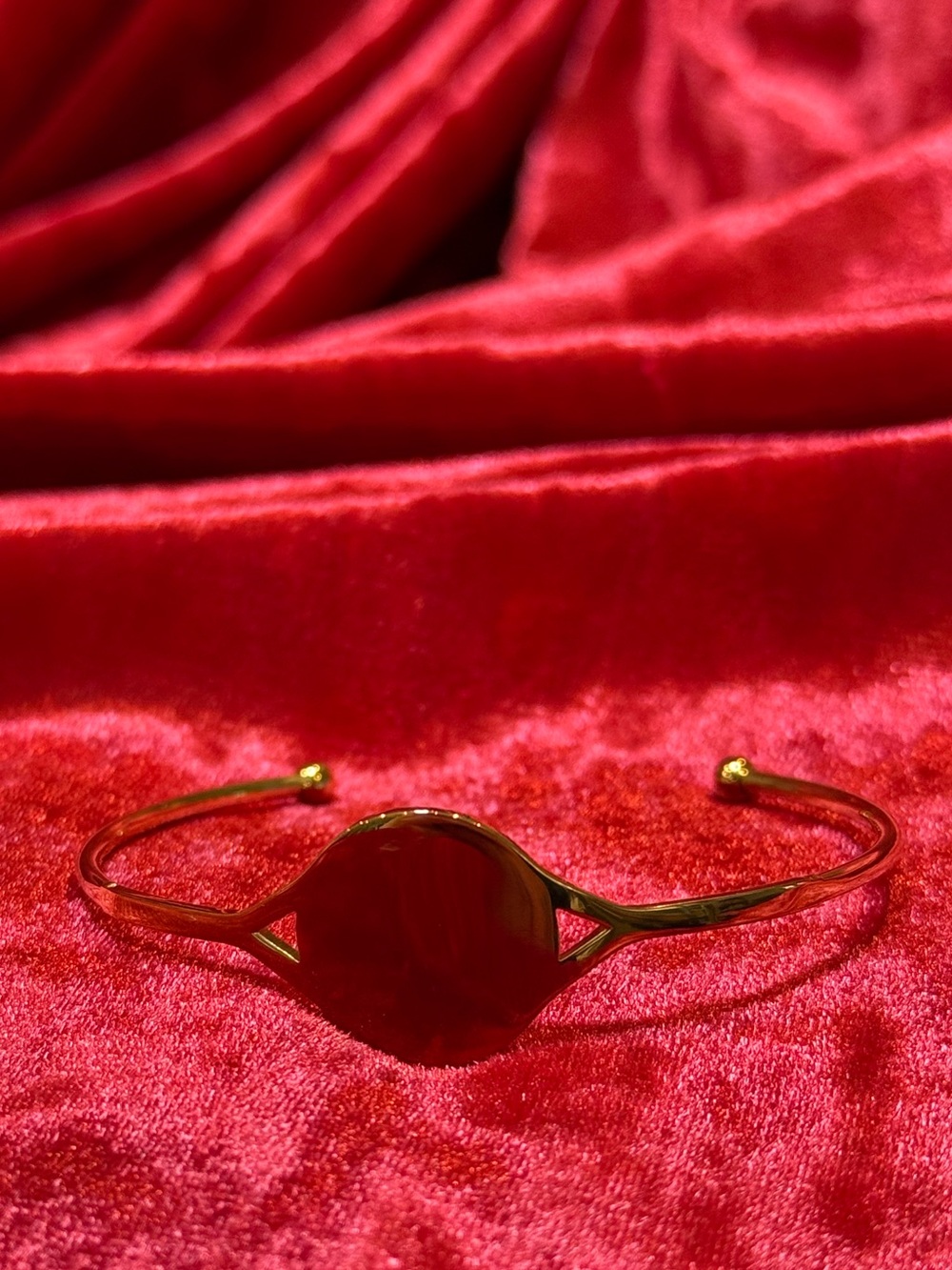 Plunder Jewelry Gold Open Cuff Bracelet with Round Disc Center Plate Minimalist
